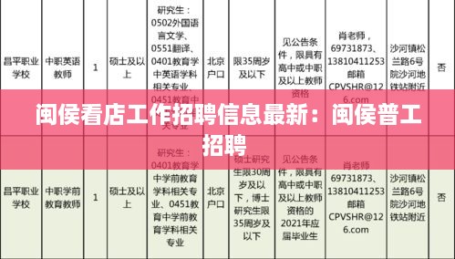 闽侯看店工作招聘信息最新：闽侯普工招聘 