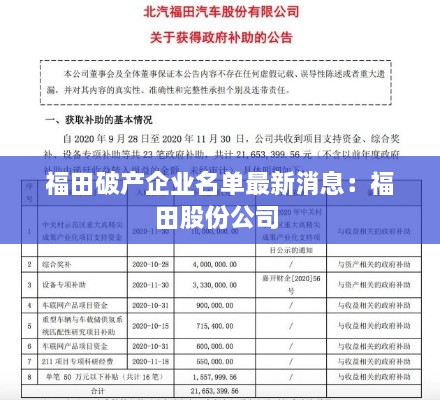 福田破产企业名单最新消息：福田股份公司 