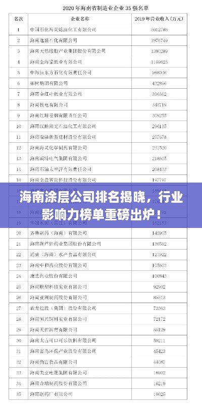 海南涂层公司排名揭晓，行业影响力榜单重磅出炉！